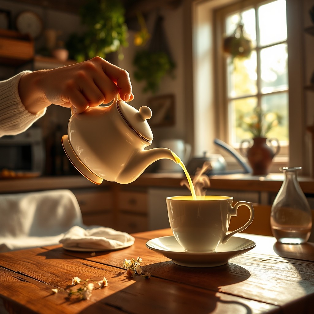 A serene scene of a person serving chamomile tea in a cozy, warmly lit kitchen