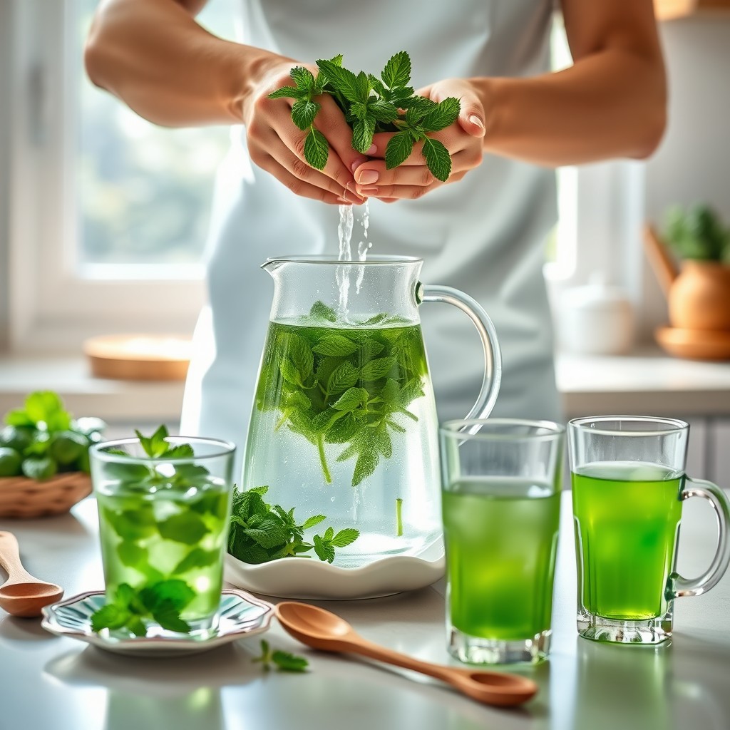 A vibrant scene of a person preparing refreshing mint tea in a bright, airy kitchen