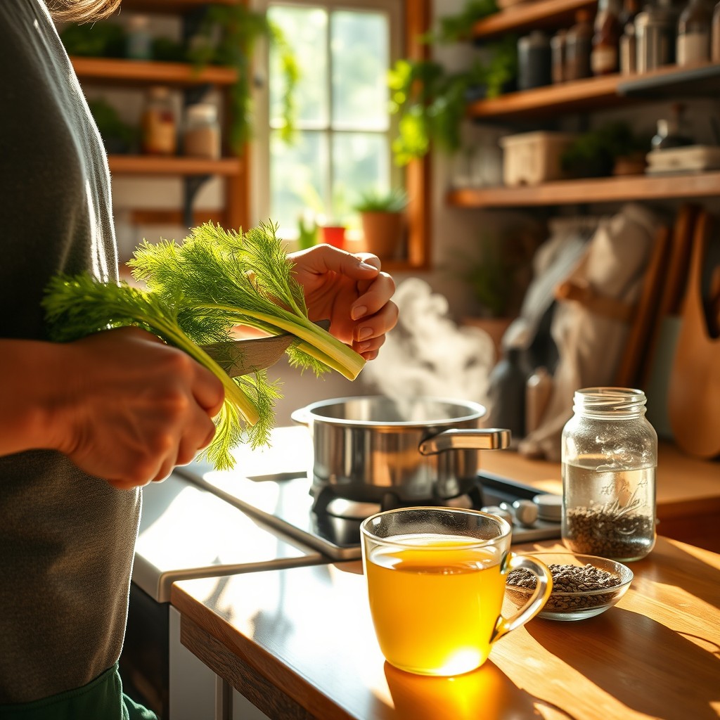 A tranquil scene of a person preparing fennel tea in a sunlit kitchen