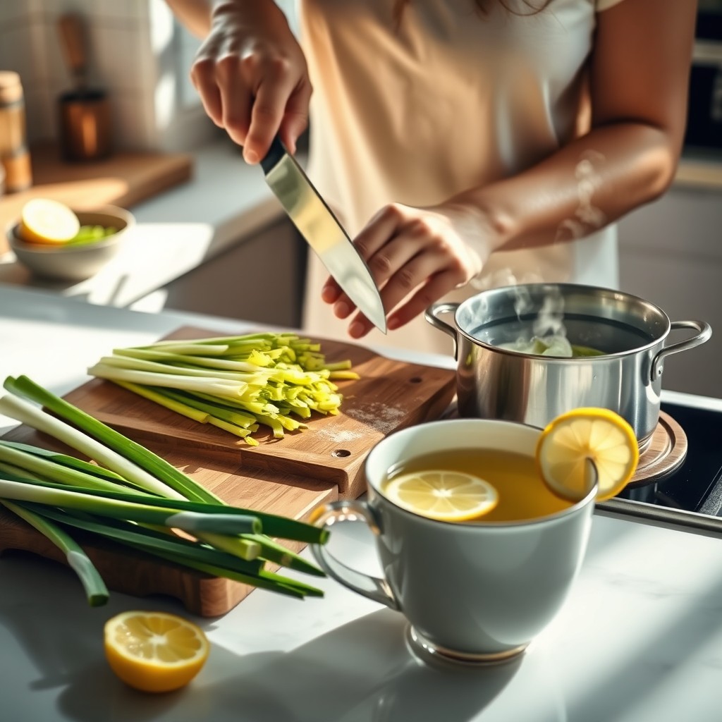 A serene scene of a person preparing lemongrass tea in a sunny kitchen