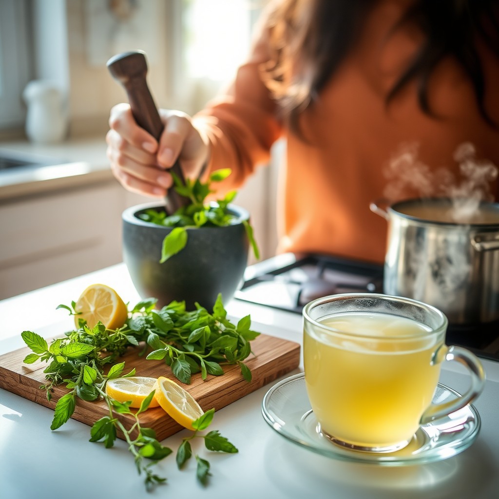 A calming scene of a person preparing espinheira-santa tea in a cozy kitchen