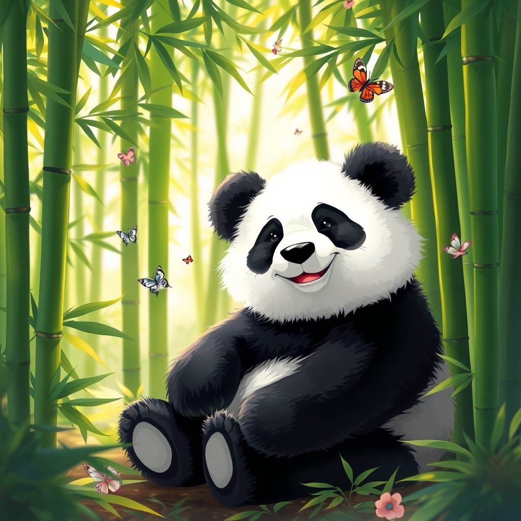 A cute and fluffy panda sitting peacefully in a lush green bamboo forest