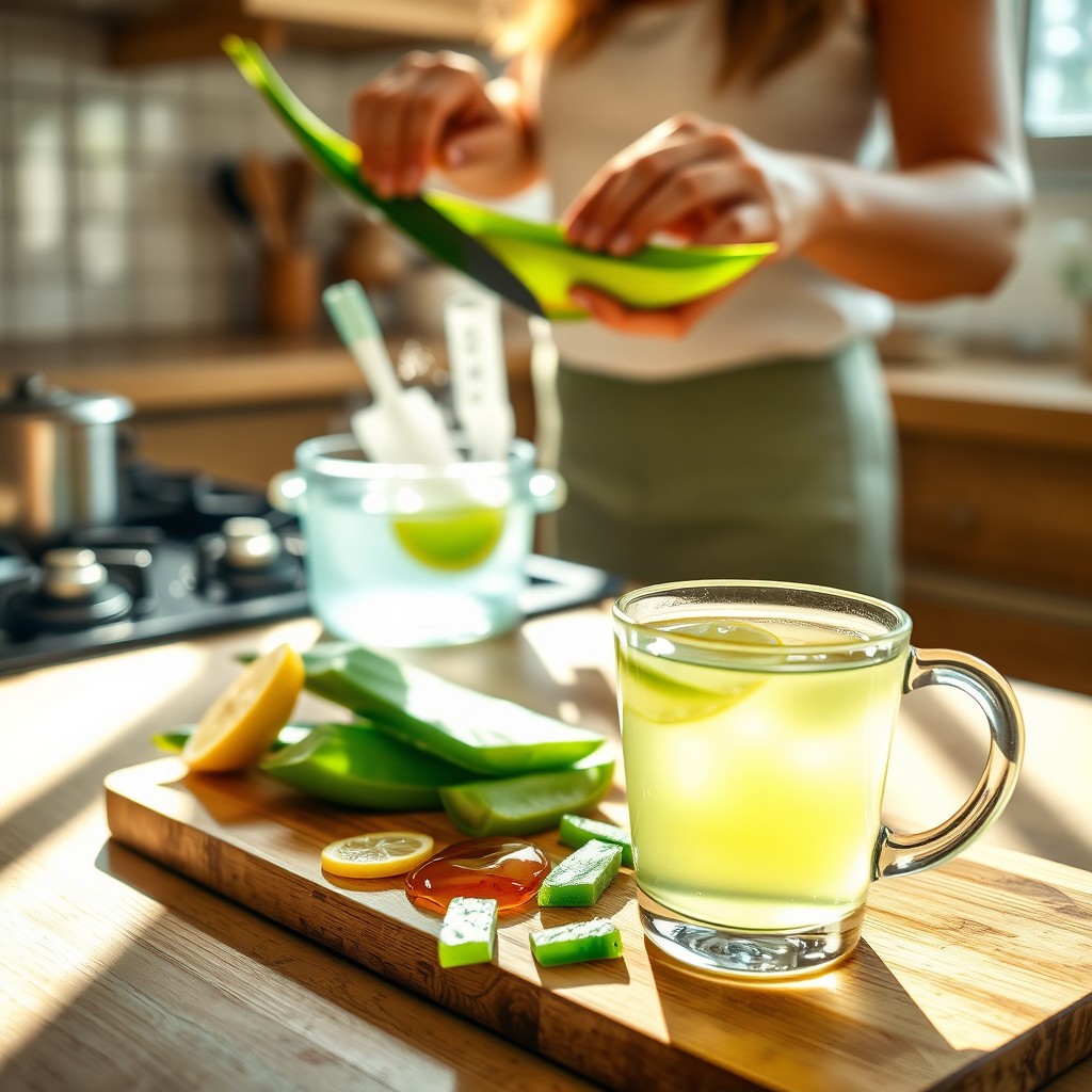 A tranquil scene of a person preparing aloe vera tea in a warmly lit kitchen