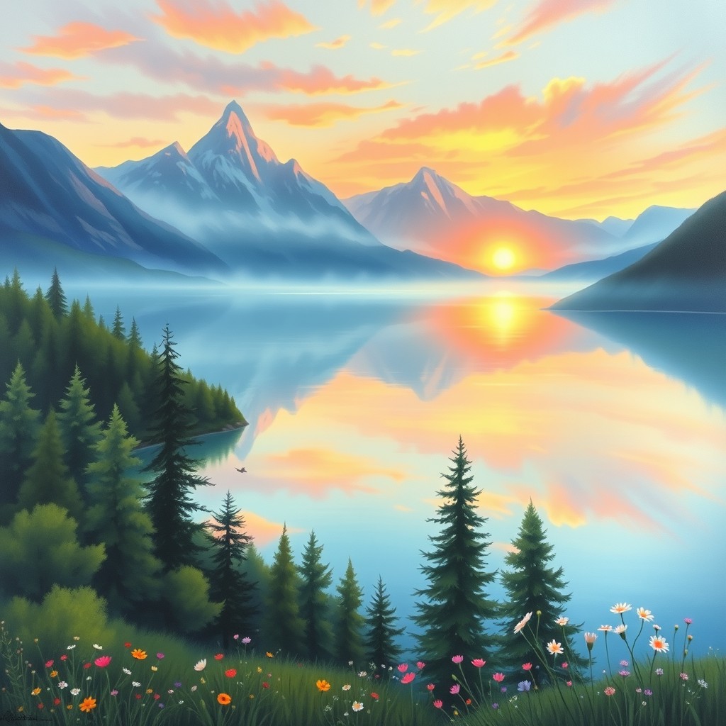 A breathtaking landscape painting of a serene mountain lake at sunrise, with vibrant colors reflecting off the water's surface