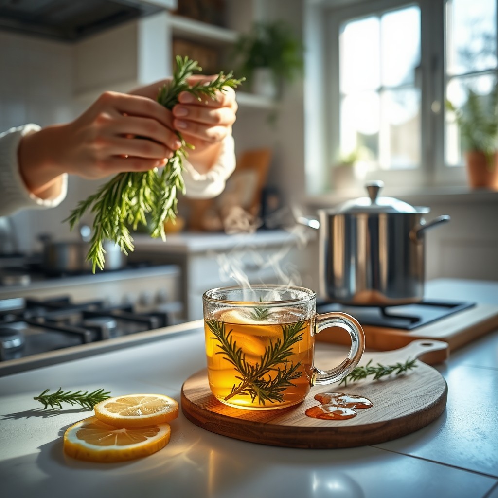 A tranquil scene of a person preparing rosemary tea in a charming kitchen