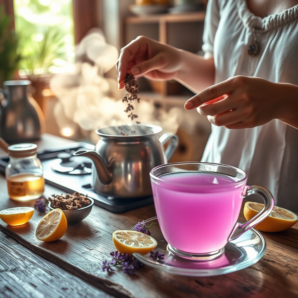 A serene scene of a person preparing malva tea in a rustic kitchen