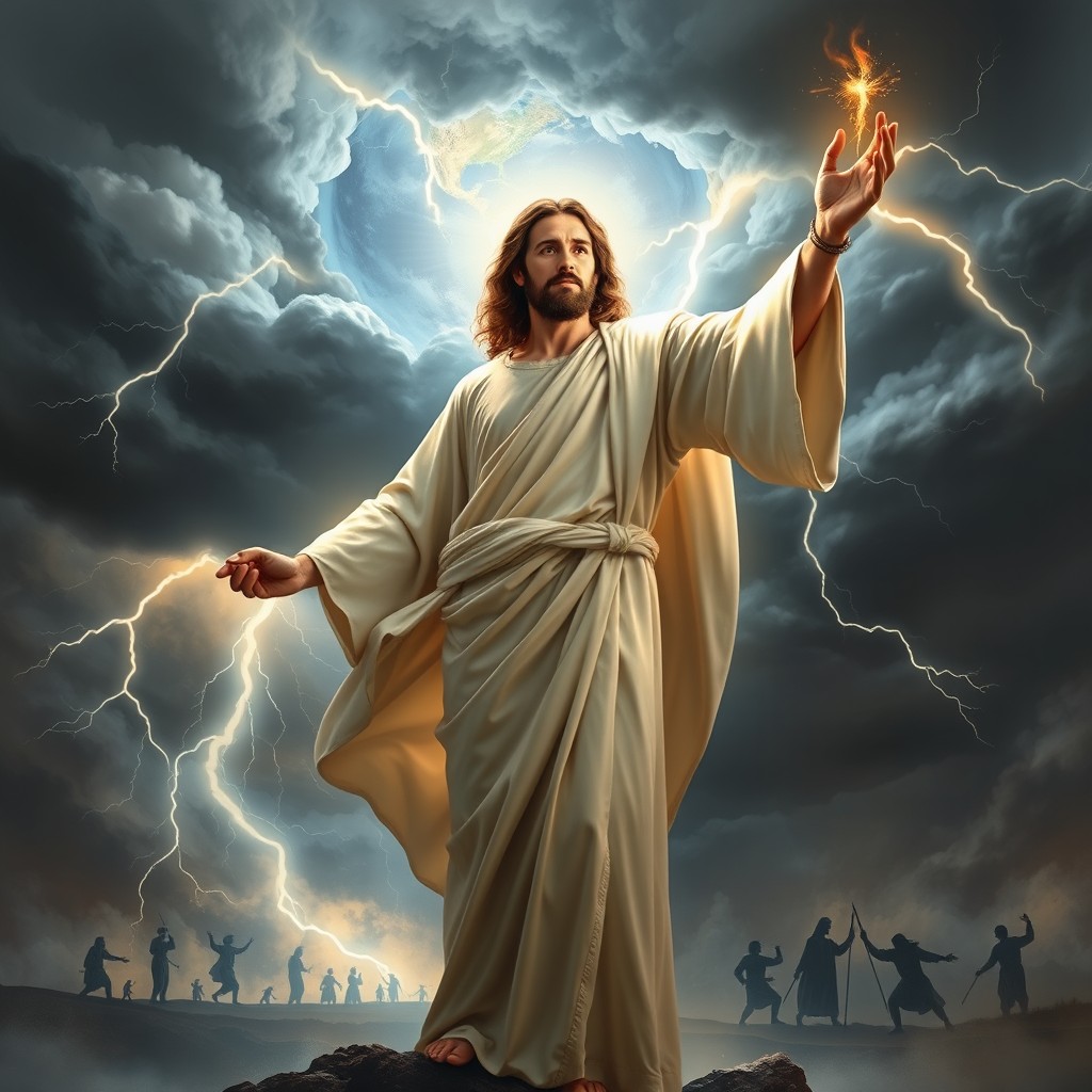 A dramatic scene depicting Jesus in a heroic pose, standing strong against a backdrop of swirling dark clouds and lightning, symbolizing the threats he fights to protect the world from