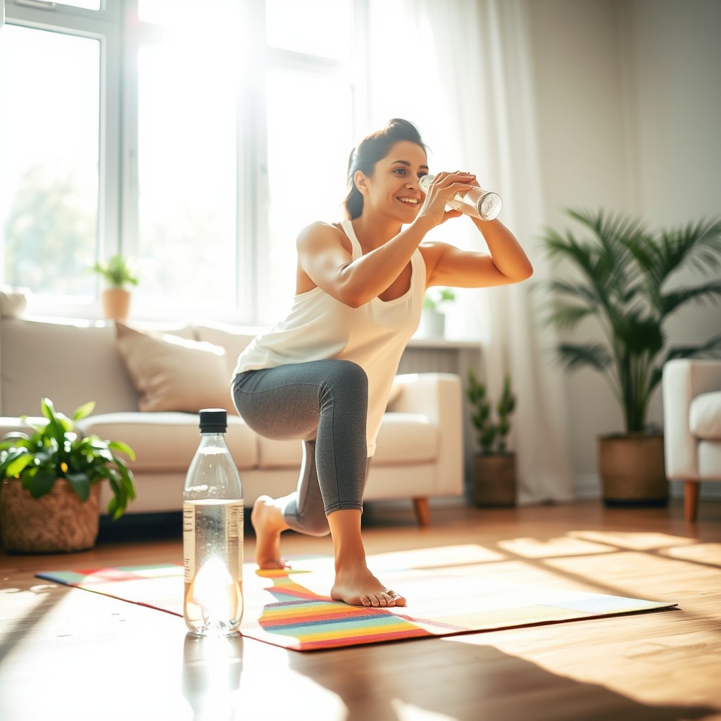 A lively scene of a person engaging in light exercise while regularly drinking water