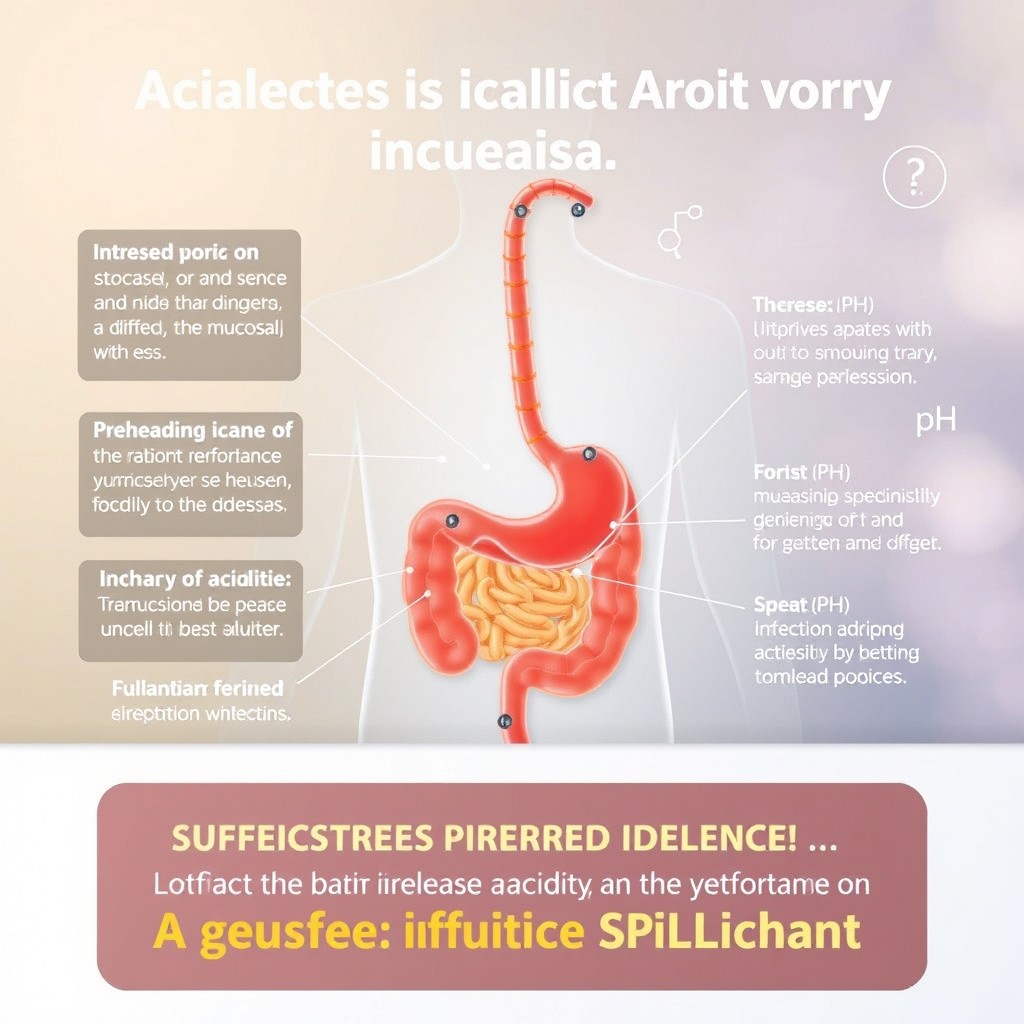An informative scene depicting a diagram or illustration of the effects of increased acidity in the digestive system, particularly focusing on the irritation of the mucosa