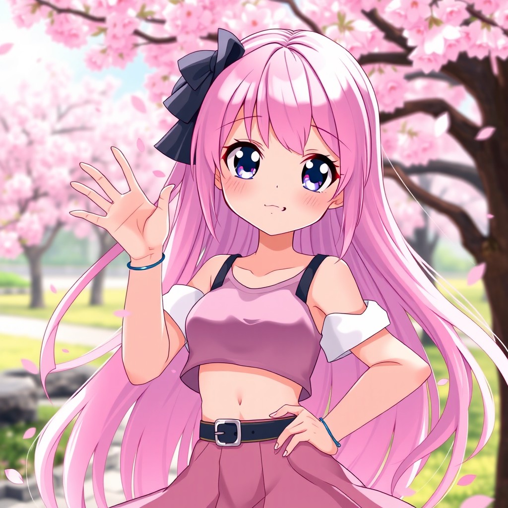 A vibrant anime girl with long, flowing pastel pink hair, wearing a stylish, modern outfit that combines a cute crop top and a flowing skirt