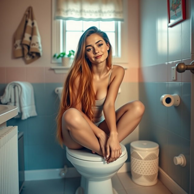 A young woman sitting on a porcelain toilet in a cozy, inviting bathroom setting