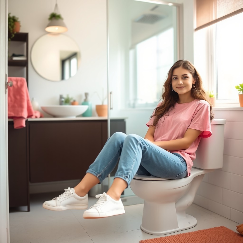 A young woman sitting casually on a toilet in a bright and colorful bathroom