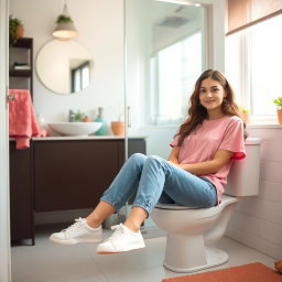 A young woman sitting casually on a toilet in a bright and colorful bathroom