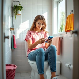 A young woman sitting comfortably on a toilet in a bright and colorful bathroom, wearing a casual pink t-shirt and focused on playing games on her smartphone