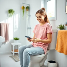 A young woman sitting comfortably on a toilet in a bright and colorful bathroom, wearing a casual pink t-shirt and focused on playing games on her smartphone