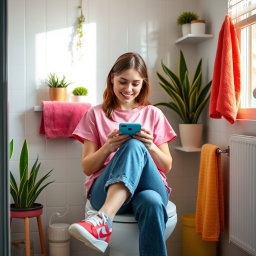 A young woman sitting comfortably on a toilet in a bright and colorful bathroom, wearing a casual pink t-shirt and focused on playing games on her smartphone
