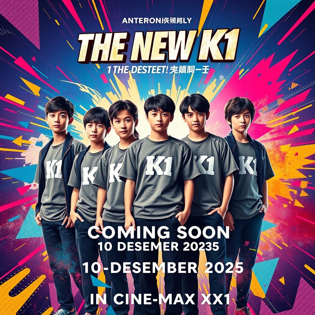 A visually captivating movie poster featuring five male high school students and one female student, all in school uniforms with the letters 'K1' printed on their shirts