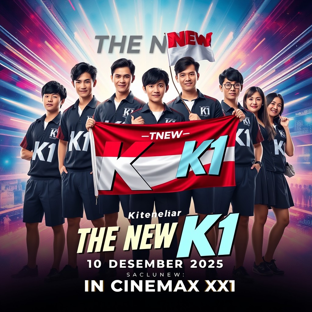 A cinematic poster featuring five male characters and one female character in high school uniforms, with the letters 'K1' prominently displayed on their uniforms