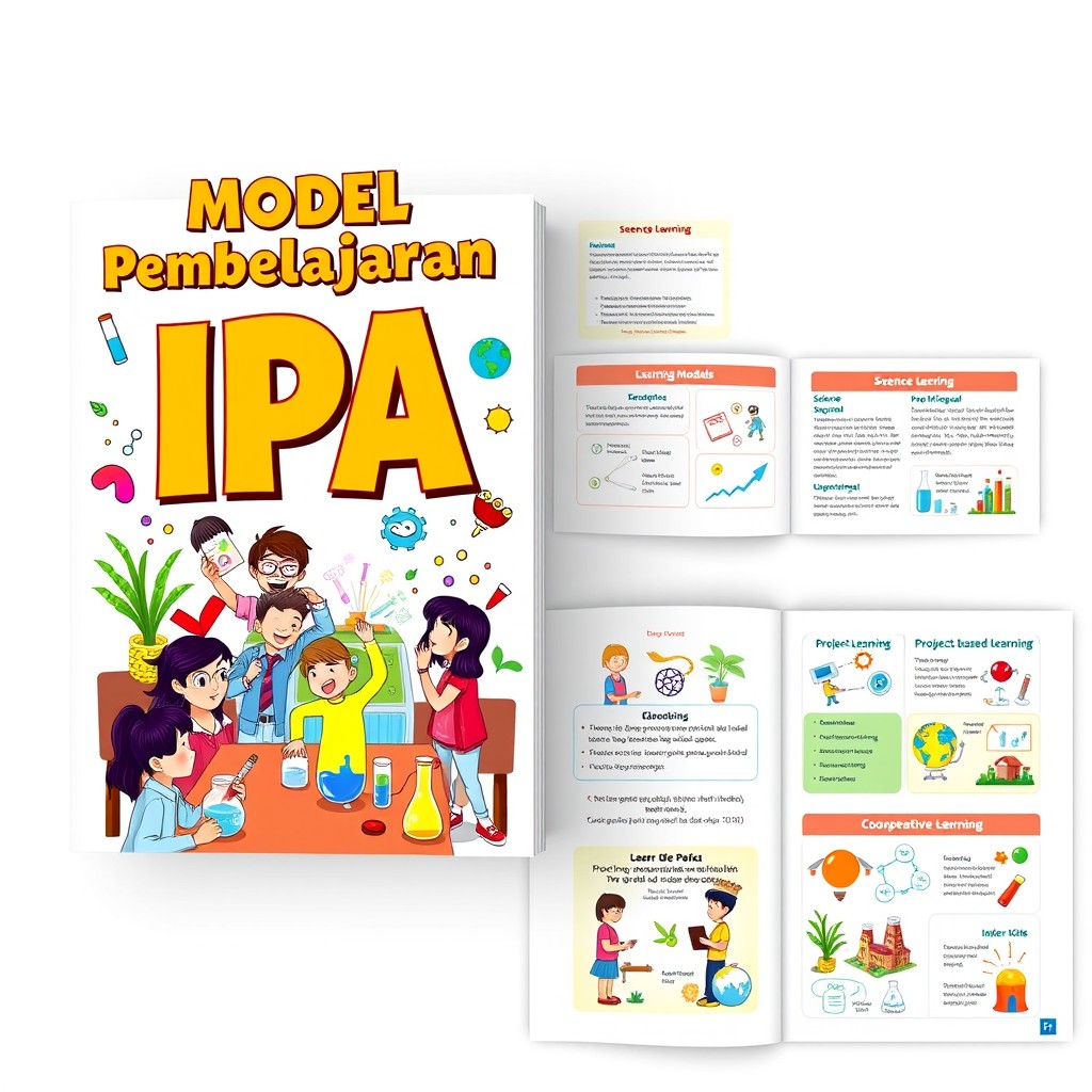 A beautifully designed book cover and pages for a science education book titled 'Model Pembelajaran IPA'