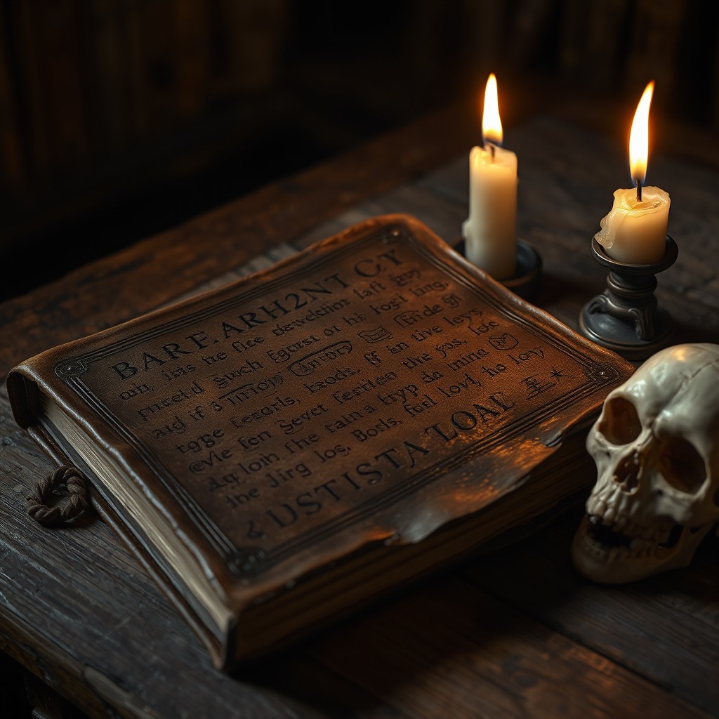 An old leather book resting on a rustic wooden desk, covered with intricate strange runes and symbols written in a mysterious script