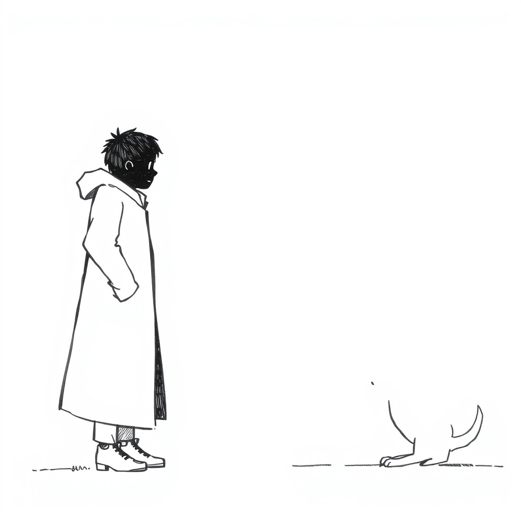 A comic-style drawing with a light sketch, featuring black and white colors: On a white background, two silhouettes stand facing each other