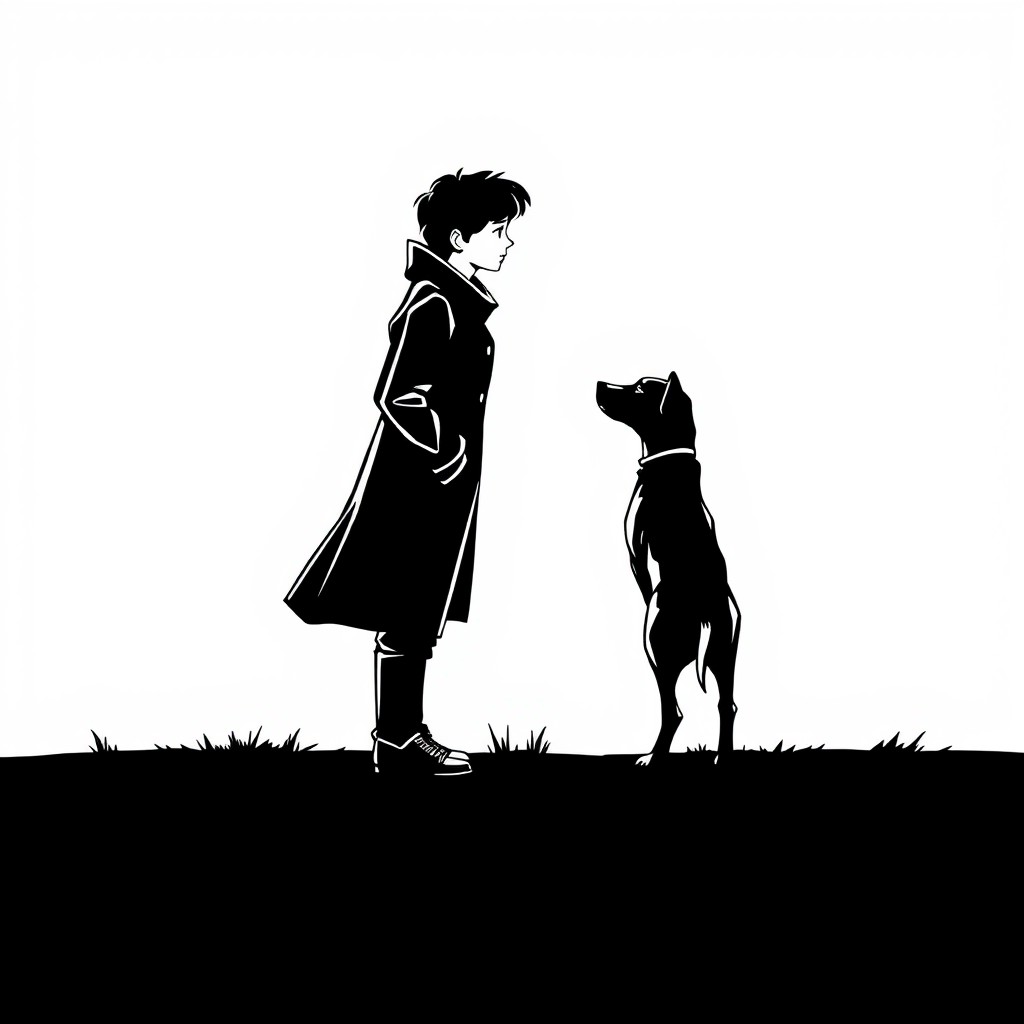 A comic-style black and white illustration featuring two silhouettes: one is a person wearing a long coat, and the other is a dog