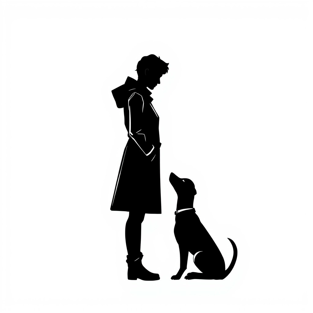 A black and white comic style illustration featuring two silhouettes: one of a person wearing a long coat and another of a dog, standing opposite each other, gazing intently at one another