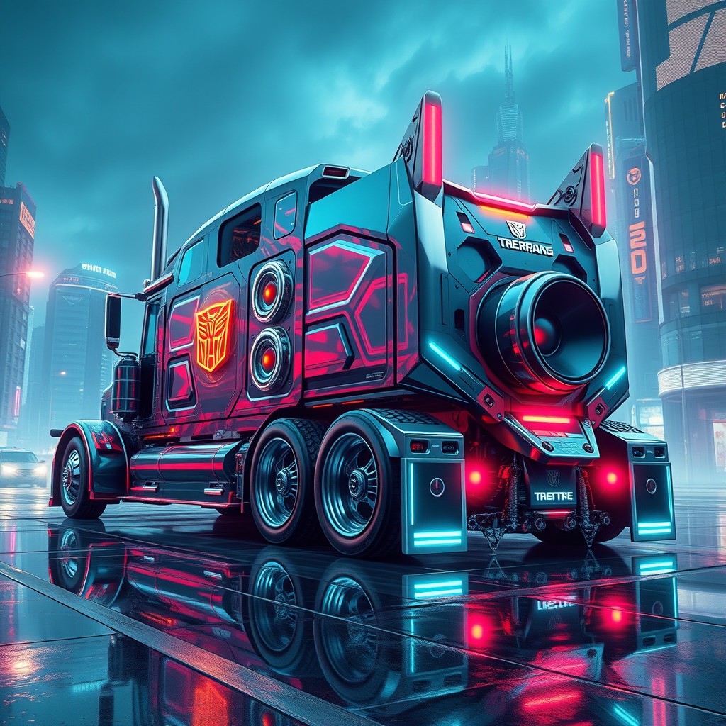 A hyper-detailed illustration of a cutting-edge semi-truck inspired by Optimus Prime, featuring a bold aerodynamic body with futuristic chrome rims and massive wheels