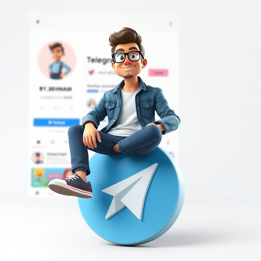 A 3D illustration of a male animated character around 38 years old, casually sitting on top of a Telegram logo