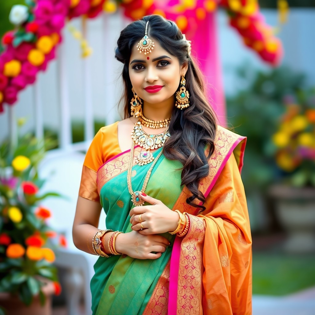 A portrait of a South Asian woman in traditional Indian attire, such as a vibrant saree or a fashionable lehenga, elegantly draped, standing in an outdoor garden setting