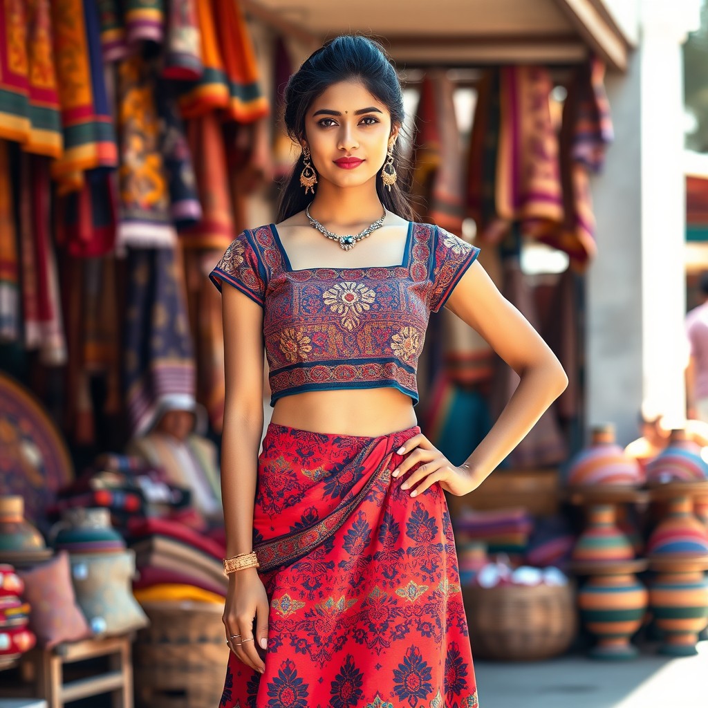A fashionable young South Asian woman wearing a stylish Indian crop top and a flowing ankle-length skirt, both beautifully patterned with intricate designs and colorful embroidery