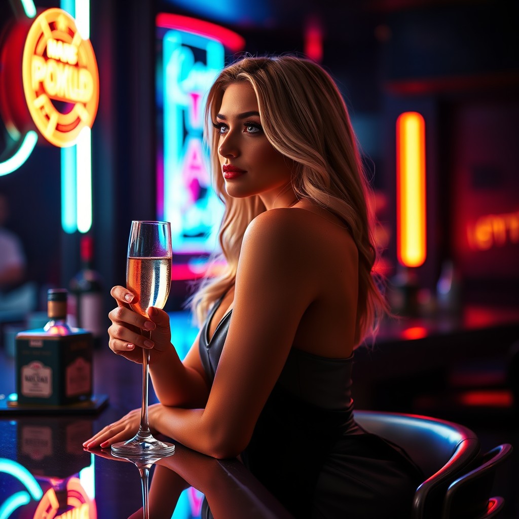 A beautiful blonde lady sitting at a bar in a dimly lit atmosphere, wearing an elegant outfit, with vibrant neon lights softly illuminating the background
