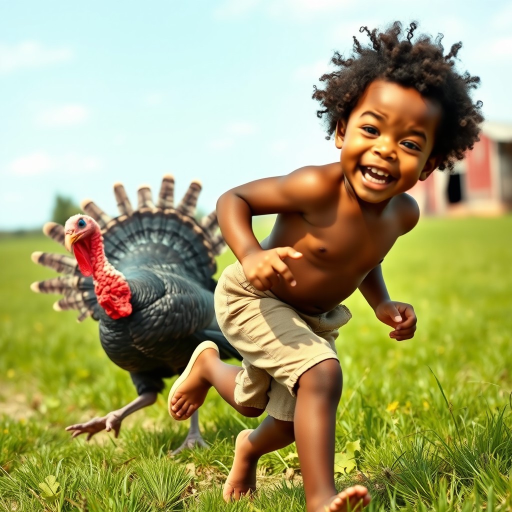 An African child with curly hair, smiling and running energetically, with an angry turkey flapping its wings behind him in a playful chase