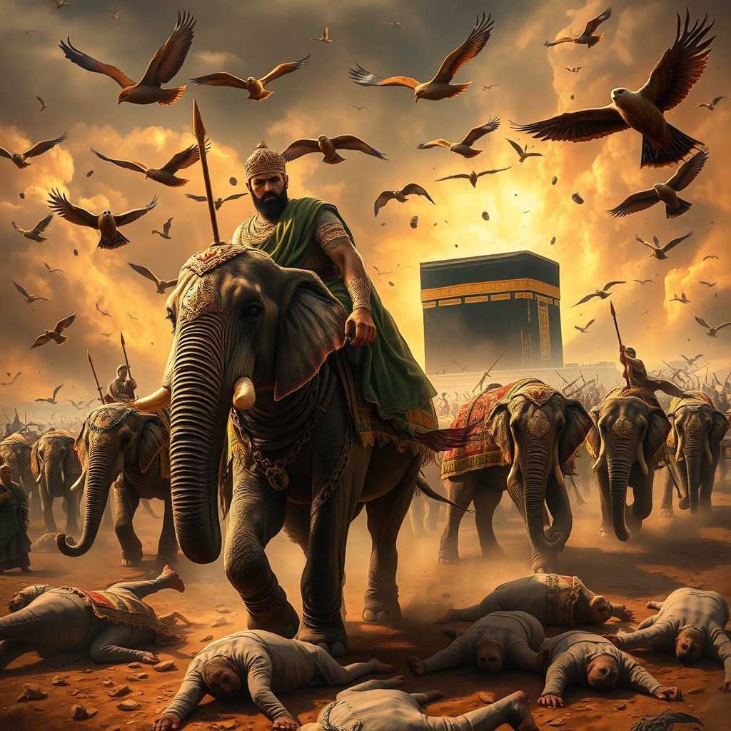 A dramatic scene depicting King Abraha on his elephant as he approaches the distant Kaaba, set against the backdrop of مكة