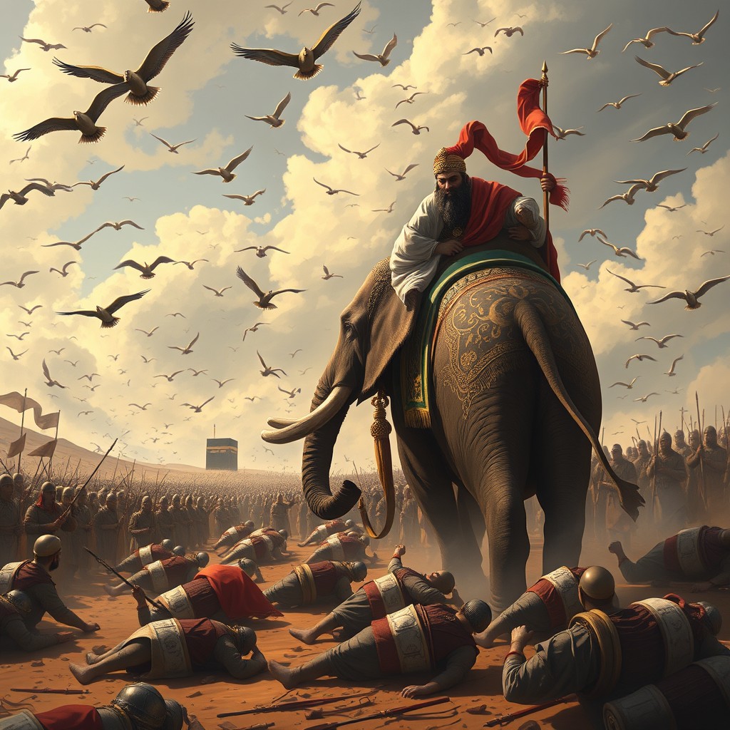 A grand and historic illustration of the Year of the Elephant (Am al-Fil), showcasing King Abraha on his large, adorned elephant as he leads an army toward the distant Kaaba