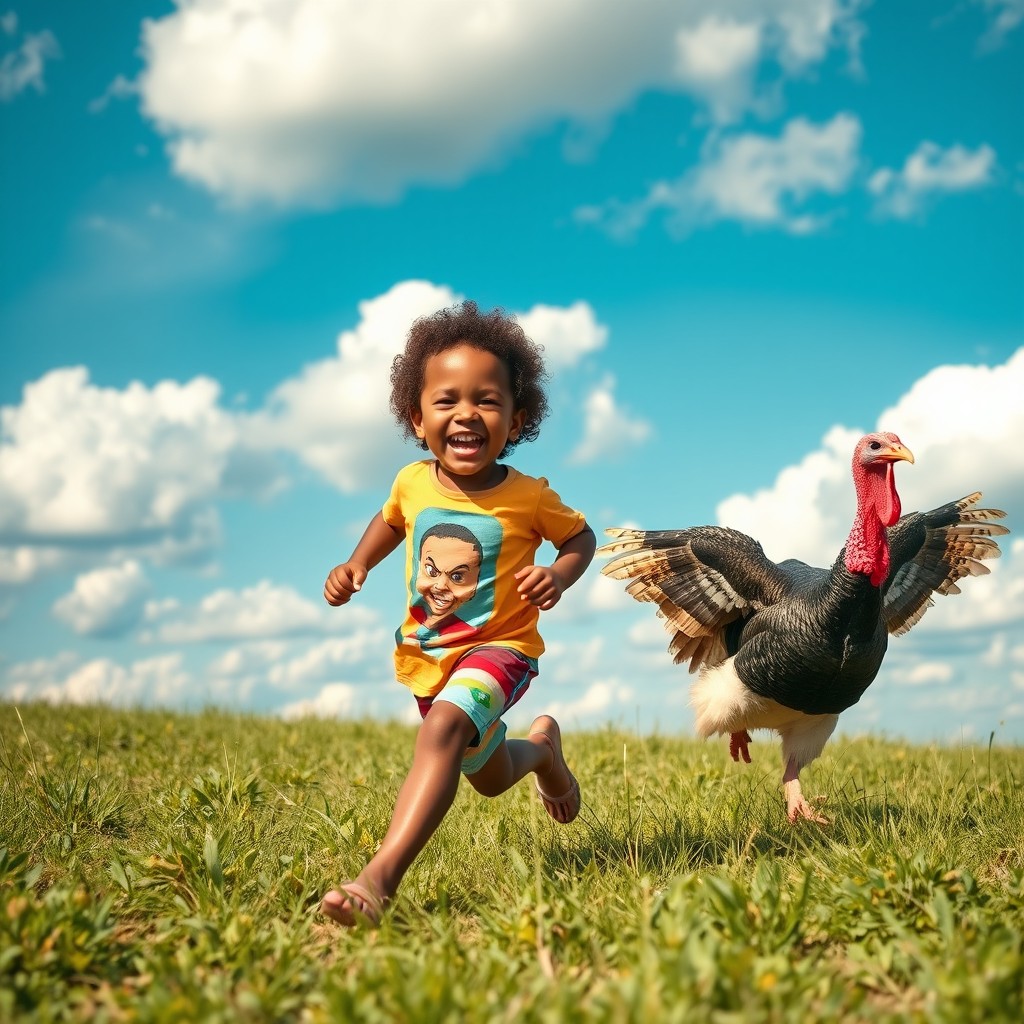 An African child with curly hair, joyfully running through a sunny field, an angry turkey flapping behind him in a comical chase
