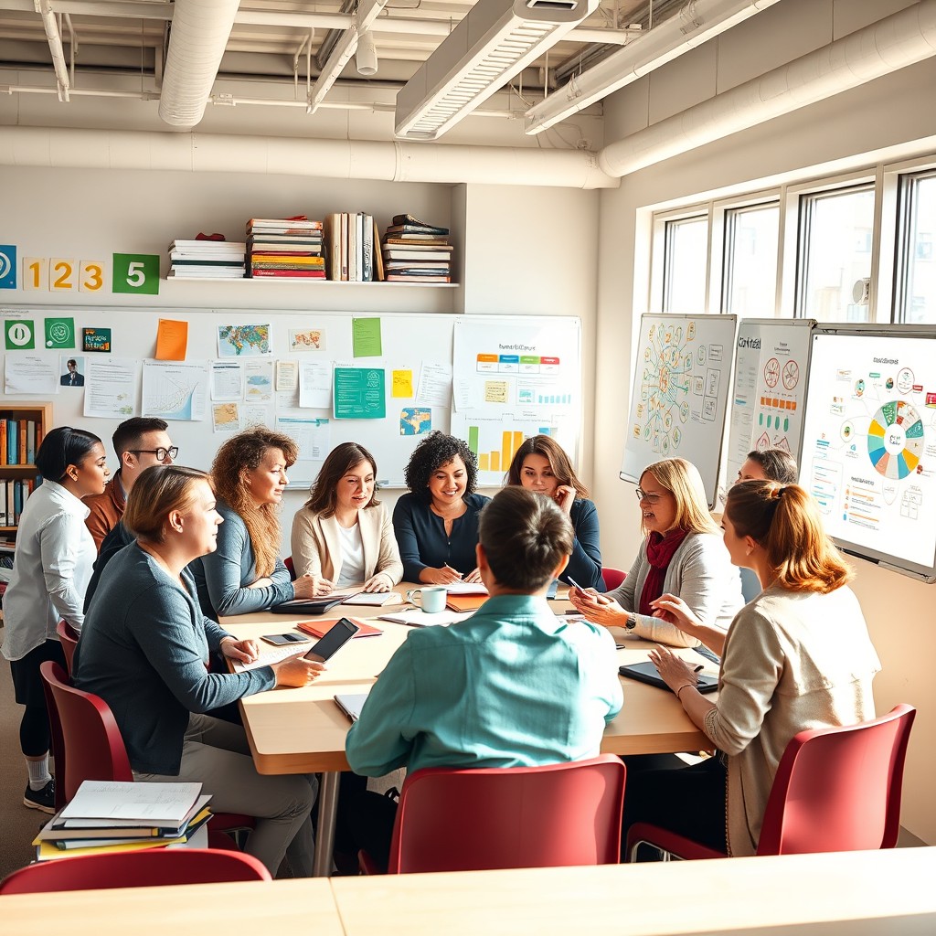 A gathering of professional educators engaging in lively discussion in a bright, modern classroom