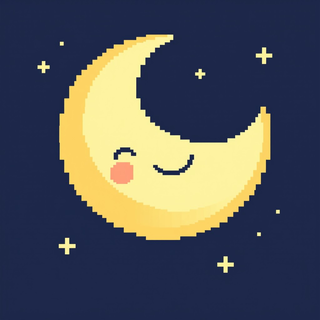 An 11x11 pixel art depiction of a serene moon, featuring a smiling crescent shape