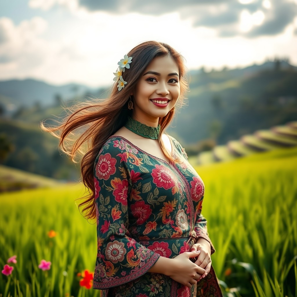 The enchanting beauty of a Javanese woman, dressed in a stunning traditional batik kebaya, showcasing intricate details and rich colors