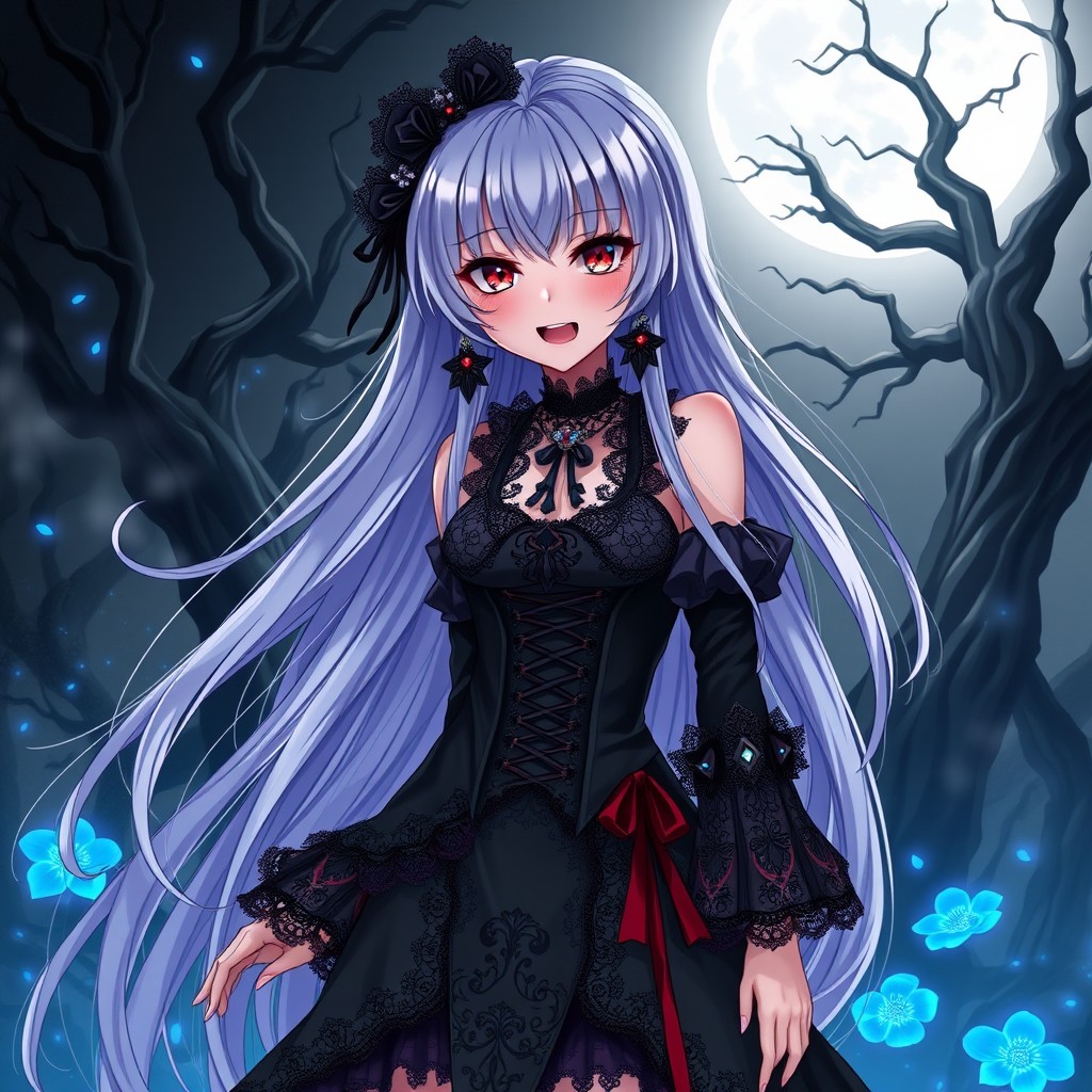 A striking anime girl with long, flowing silver hair, sharp fangs, and piercing red eyes, dressed in an elaborate gothic outfit adorned with intricate lace and crimson accents