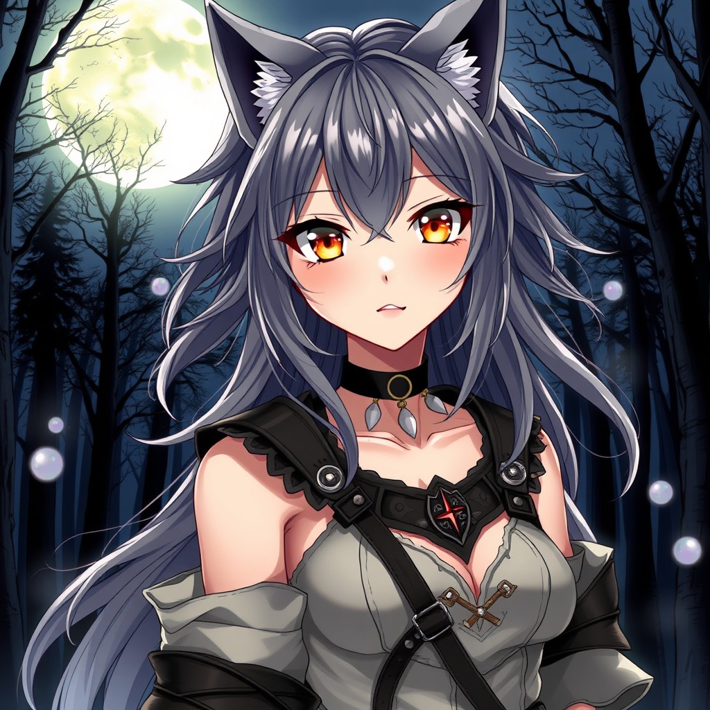 A captivating anime girl with wolf-like features, showcasing pointed ears and sharp fangs