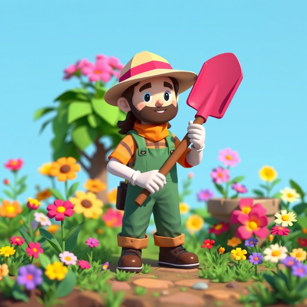 A pixel art low-poly gardener holding a shovel, dressed in colorful gardening attire, surrounded by vibrant pixelated flowers and plants in a whimsical garden setting, with a clear blue sky in the background, emphasizing the playful nature of the scene