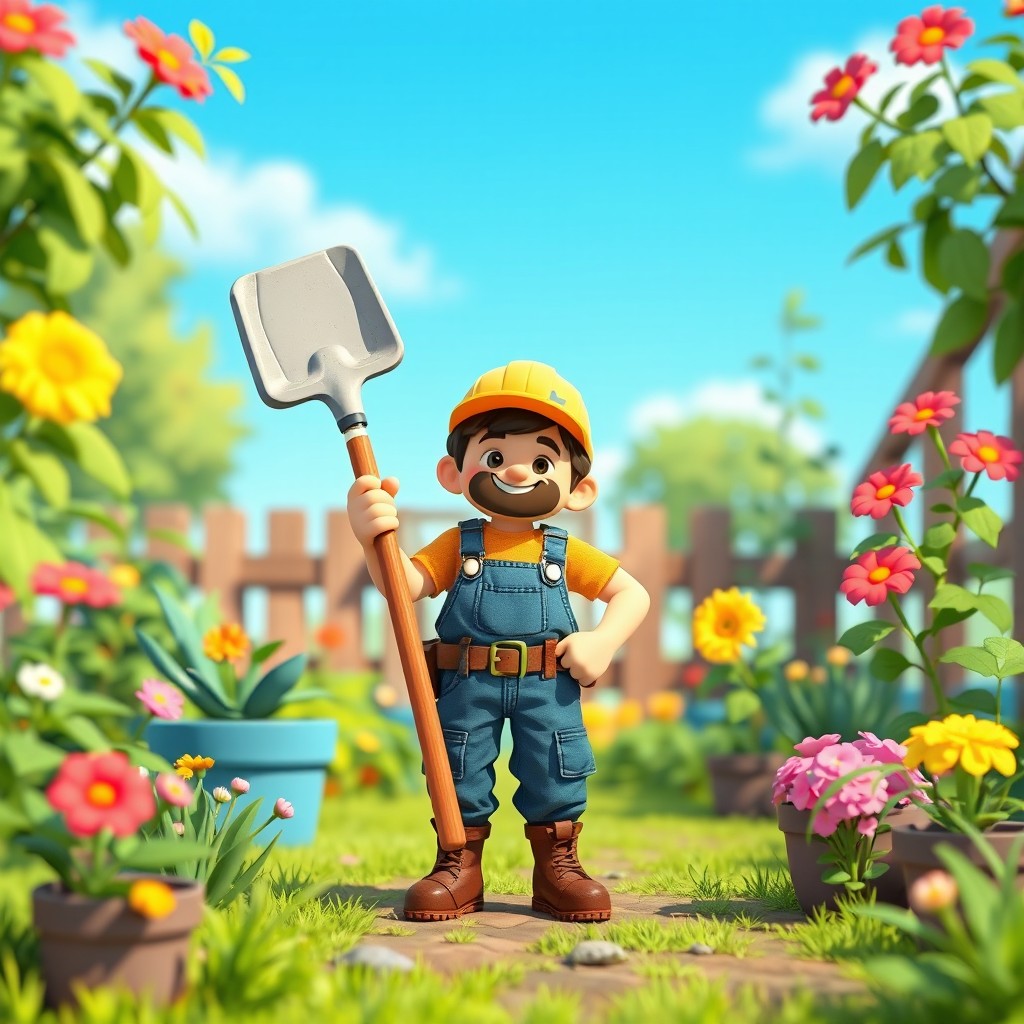A pixel art 2D low-poly gardener holding a shovel, designed in a cute and colorful style, surrounded by pixelated plants and flowers, set in a cheerful garden environment with a bright blue sky, creating a lighthearted and playful scene