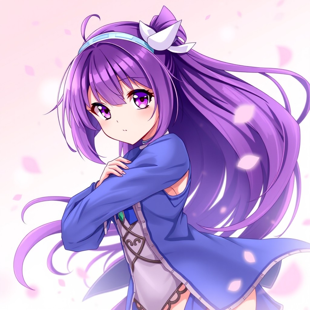 Anime character with long, vibrant purple hair and striking pink eyes, wearing a stylish blue outfit