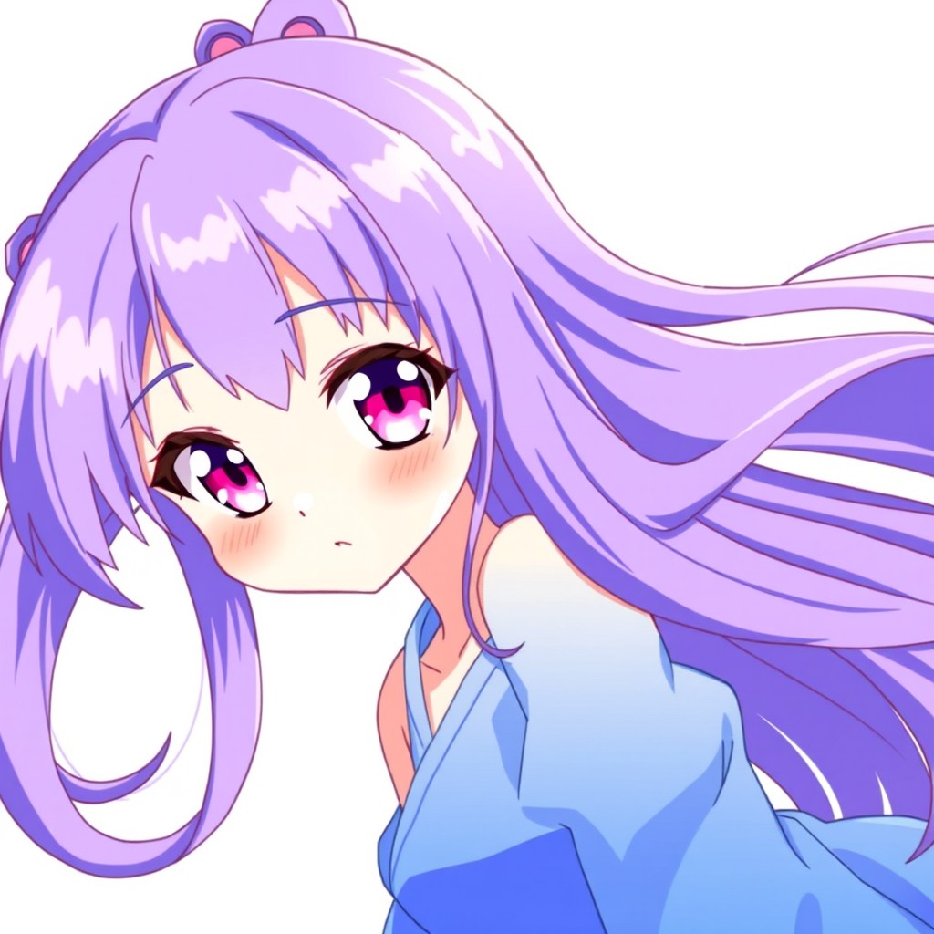 A beautiful anime character with striking pink eyes and long, voluminous purple hair