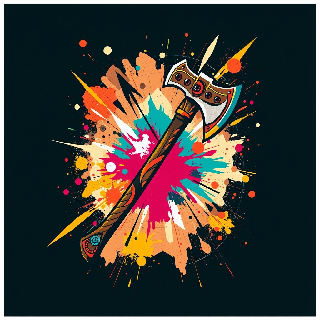 A vibrant and artistic print featuring a stylized axe at its center