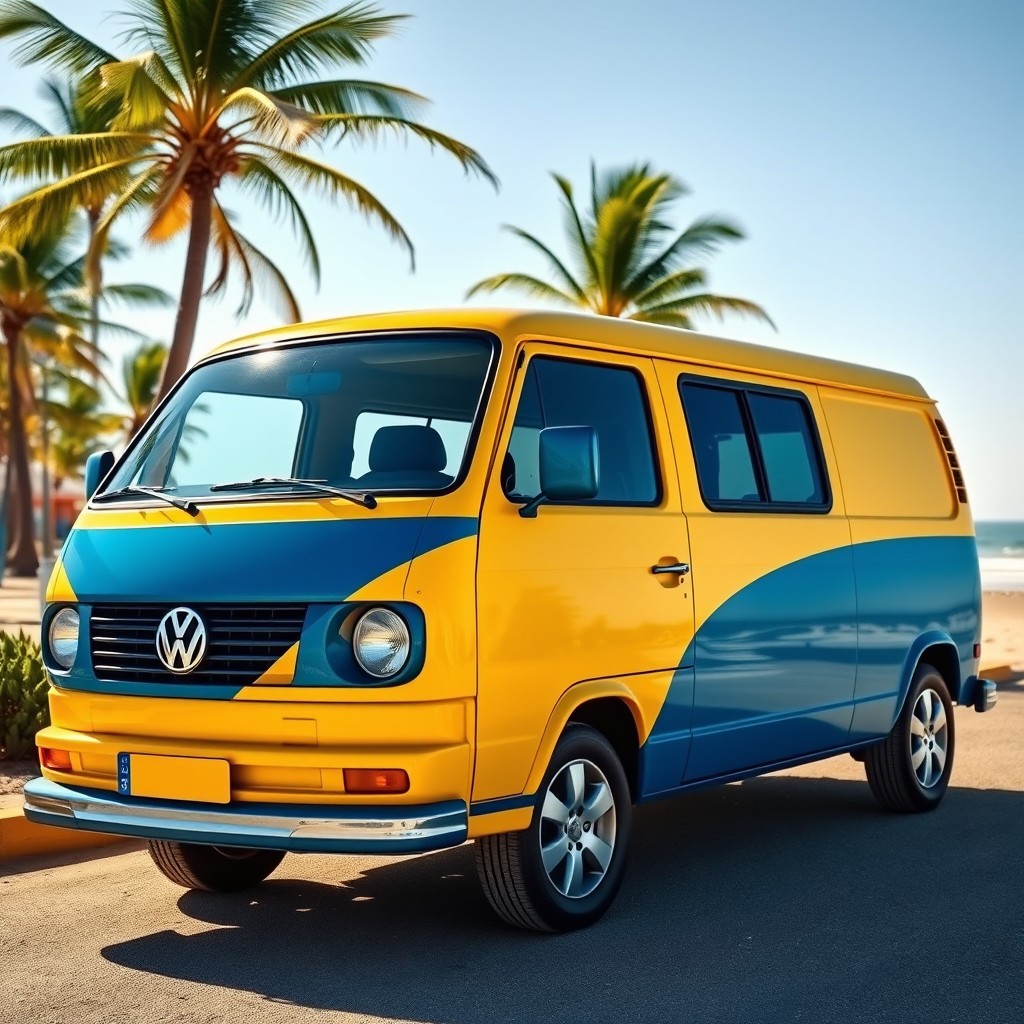 A Volkswagen Caravelle van beautifully painted in two contrasting colors, showcasing a vibrant and eye-catching design