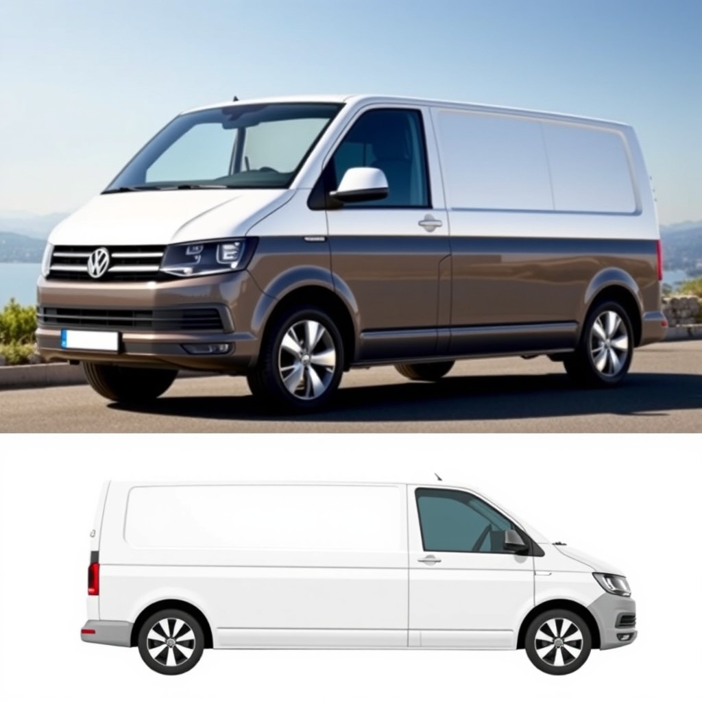 A Volkswagen Caravelle T6, painted in a two-tone color scheme