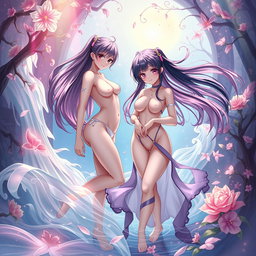 An artistic depiction of stylized anime characters in a tasteful and elegant nude form, celebrating the beauty of the human figure while maintaining an artistic and respectful approach