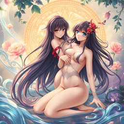 An artistic depiction of stylized anime characters in a tasteful and elegant nude form, celebrating the beauty of the human figure while maintaining an artistic and respectful approach